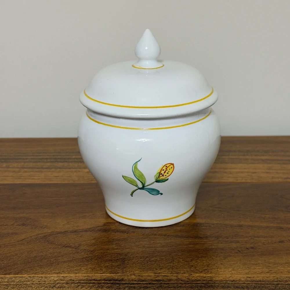 Pivato Nove Italy Pair Ceramic Lidded Vanity Jars Canisters Yellow Floral